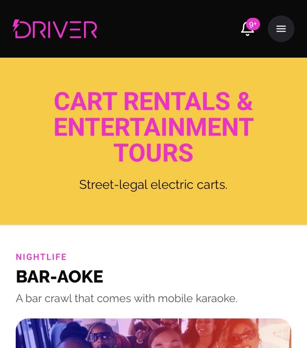 The Driver, Inc. app on a phone: cart rentals and entertainment tours