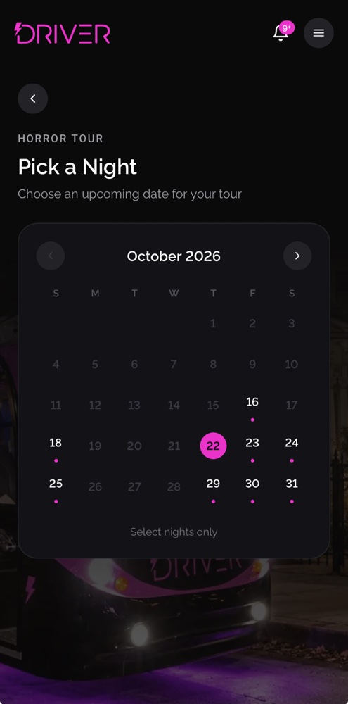 Driver, Inc.'s tour booking app, built by ChavisTec, showing a calendar for picking a tour night
